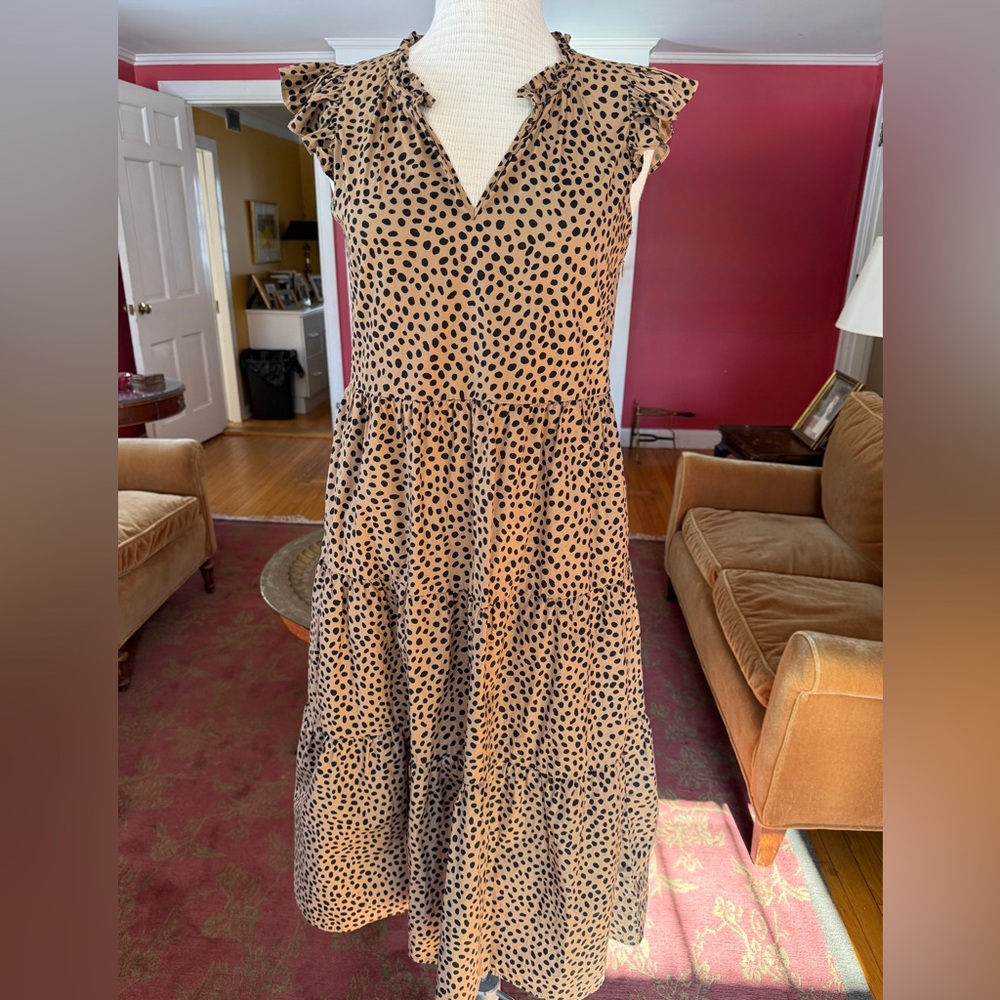 J. Crew Tan and Black Polka Dot Midi Dress